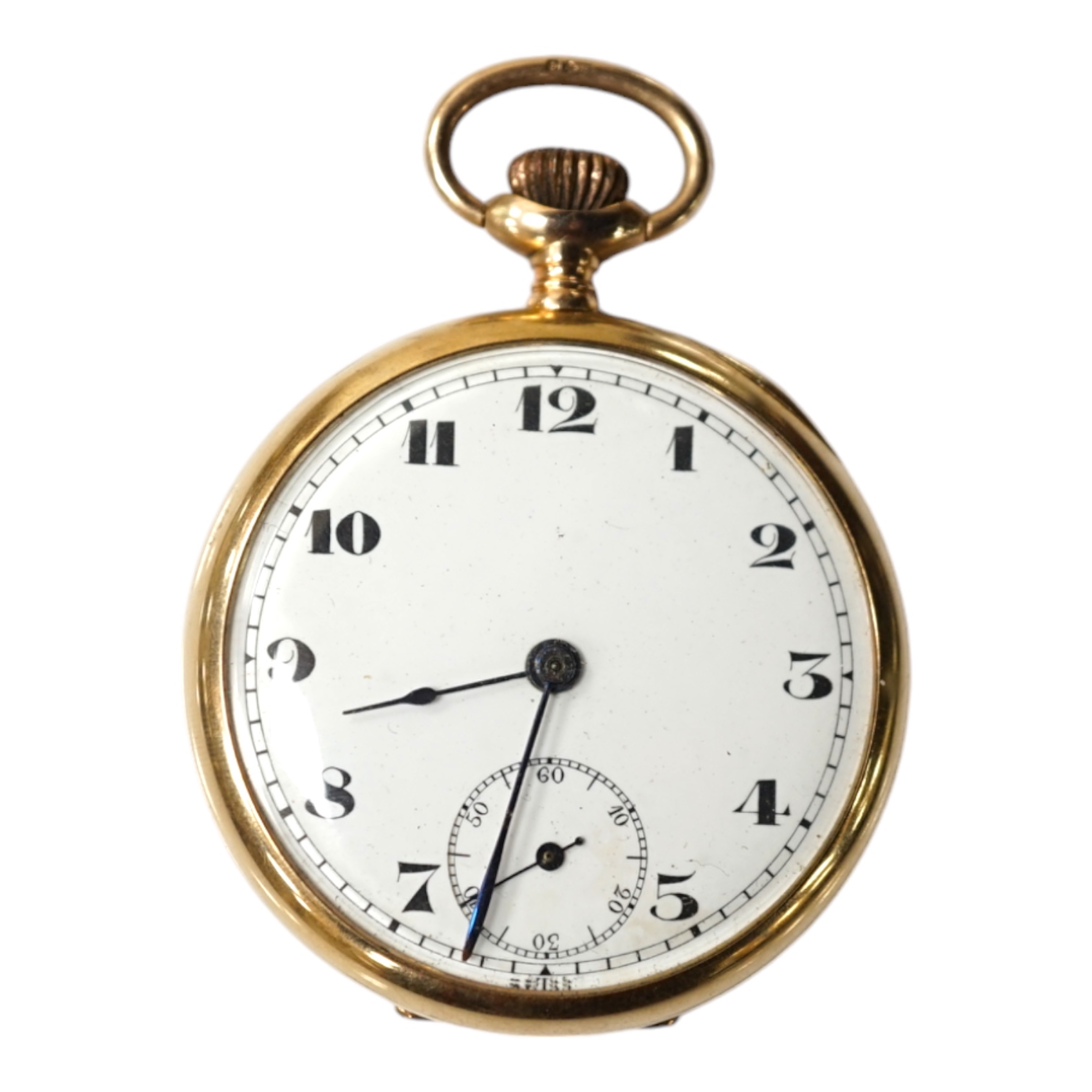 A George V 9ct gold open face pocket watch, with Arabic dial and subsidiary seconds, case diameter 46mm, gross weight 51 grams. Condition - fair